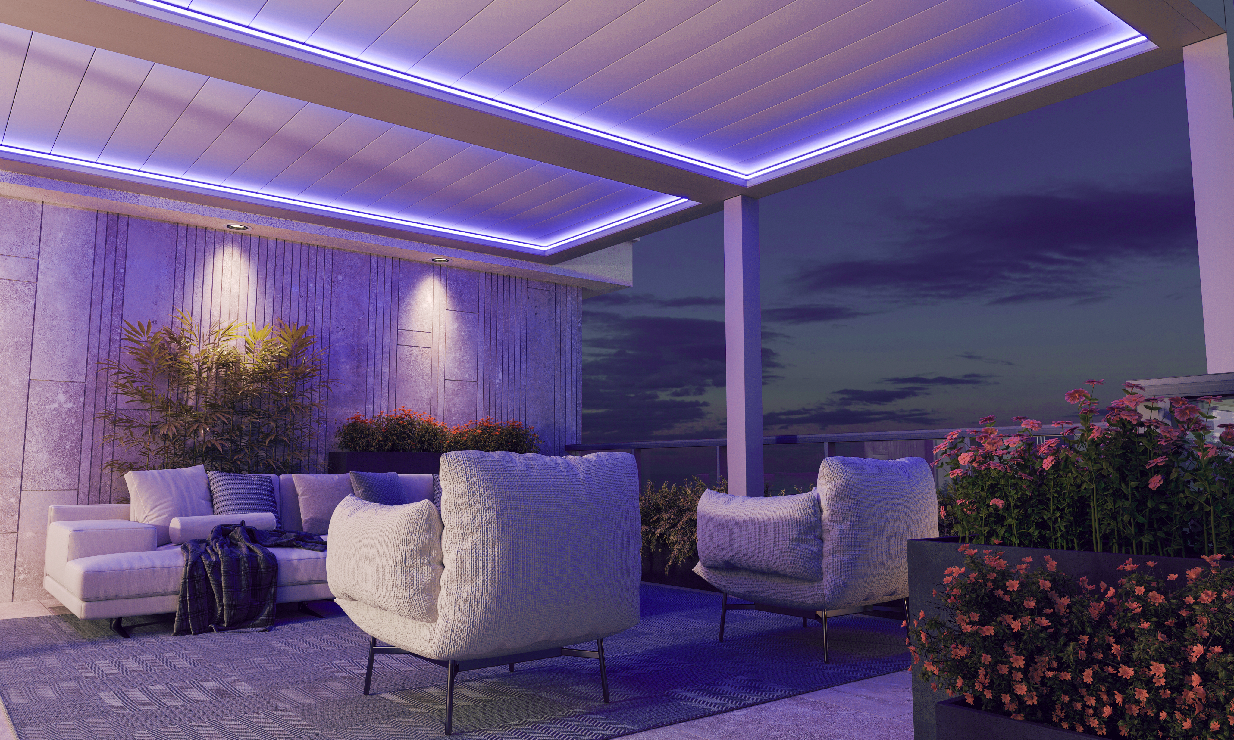 Luces LED de la Pergola bioclimática retráctil Albert Genau en Madrid instalada por Ceinex